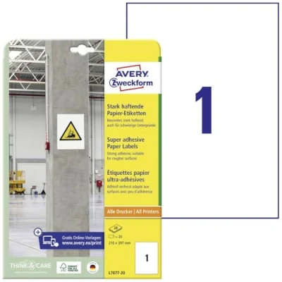 Obrázek AVERY Zweckform L7877 20 silně přilnavé etikety (20 nálepek, 210 x 297 mm na A4, extrémně samolepicí, také pro obtížné povrchy, potištěné Power lepicí etikety) listů, bílé