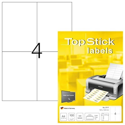 Obrázek TopStick 8717 Univerzální štítky DIN A4 (105 x 148 mm, 100 listů, papír, mat) samolepící, potiskovatelné, permanentní samolepící štítky, 400 přepravních štítků, bílé