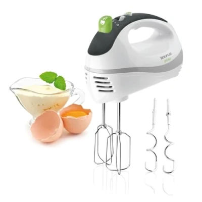 Obrázek Taurus Ruční mixér elektrický 300 W 5 rychlostních stupňů funkce turbo 2 různé nástavce odnímatelné hnětací háky a míchací vhodné do myčky bez BPA ušlechtilá ocel bílý