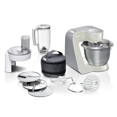 Obrázek Bosch MUM5 Kuchyňský stroj CreationLine MUM58L20, zkušební vítěz, univerzální, velká nerezová miska (3,9 l), kontinuální kráječ, 3 plátky, mixér, 1000 W, šedá / stříbrná