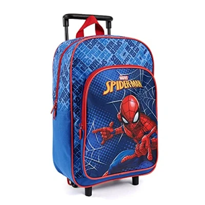 Obrázek PERLETTI Spiderman dětský batoh pro děti 3 4 5 6 let Marvel Superhrdina do školky chlapci se 2 kolečky a přední kapsou Spider Man Trolley Backpack Malé dítě školka 36 x 25 12 cm, modrá,