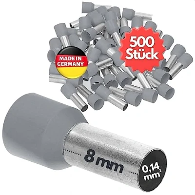 Obrázek 500 kusů Kalitec AE01408GR izolovaných dutinek kabelů 0,14 mm² 8 mm dlouhé šedé I Made in Germany průmyslová kvalita