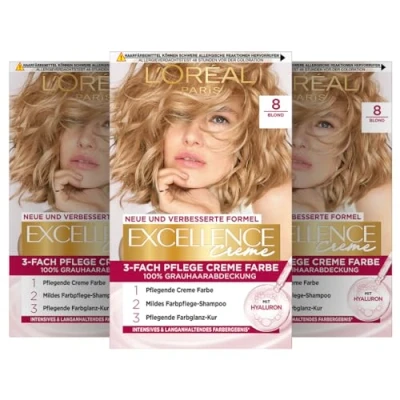 Obrázek L&#039;Oréal Paris Permanentní barva na vlasy, 100% zakrytí šedých vlasů, sada barvení vlasů s barvením, šamponem a 3násobnou pečující krémovou barvou, krém Excellence, 8 blond, 3 x 268 g