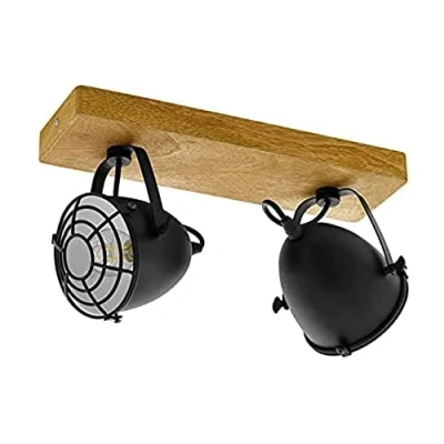 Obrázek EGLO stropní svítidlo Gatebeck, 2 žárovky Vintage, industriální, retro, zářič z oceli v černé a dřevěné přírodní barvě, lampa do obývacího pokoje, kuchyňská s objímkou