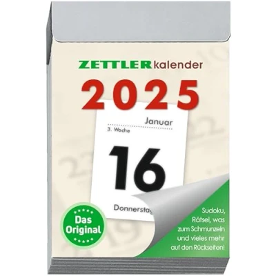 Obrázek Zettler Denní trhací kalendář 2025 S, 4,1 x 5,9 cm, se sudokusem, časy slunce a měsíce, dny jména, světle šedá patentová svorka, zavěšením německým kalendáriem