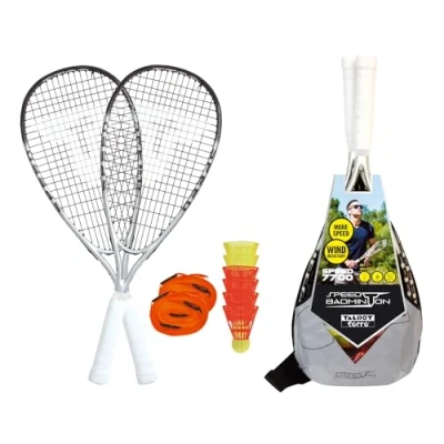 Obrázek Talbot Torro Speed Badminton prémiová sada 7700, 2 silné grafitové kompozitní rakety, 6 větruodolných míčků, systém čáry soudní linie pro označení hracího pole, v trendy batohu, 490117