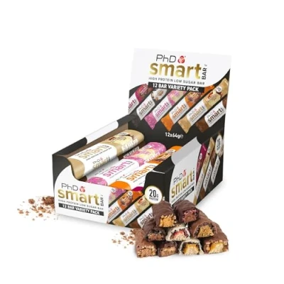 Obrázek PhD Nutrition Smart Bar Protein tyčinka 12 x 64 g smíšené druhy High Snack s 20 bílkovinami a malým množstvím cukru, makropřátelské proteinové tyčinky