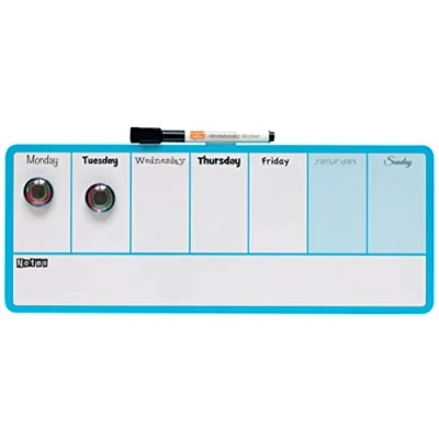 Obrázek Nobo Magnetický týdenní plánovací mini Whiteboard, lze otírat za sucha, montáž na stěnu, integrovaný držák tužek, dvoubarevný design, vč. tužky a magnetů, 360 x 140 mm, modrá, 1904047