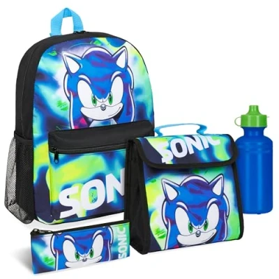 Obrázek SONIC THE HEDGEHOG Školní batoh chlapecká sada, 4 kusy batohu dětská láhev na pití a doplňky, Modrá/zelená, Sada školních tašek