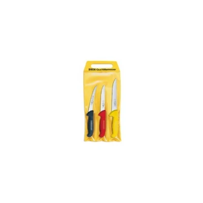 Obrázek F. DICK 3dílná sada nožů ErgoGrip (vykosťovací nůž 13 cm &quot;flexibilní&quot;, A. 15 &quot;široký&quot;, štípací 18 cm, HRC 56) 82551000 &quot;meisterschaft&quot;, černá, červená, žlutá