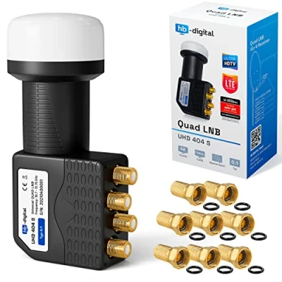 Obrázek hb digital Quad LNB Test velmi dobrý* pro 4 účastníky LTE filtr 4násobný Full HD 4K 0,1dB s ochranou proti počasí + 8X F konektor TV SAT Receiver satelitní anténa černá