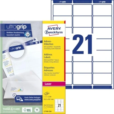 Obrázek AVERY Zweckform L7160 250 Adresní štítky/nálepky na adresy (5 etiket s ultragripem, 63,5 x 38,1 mm A4, k potisku, samolepicí, pro dopisní obálky DIN B6/C6, matný papír) listů, bílá