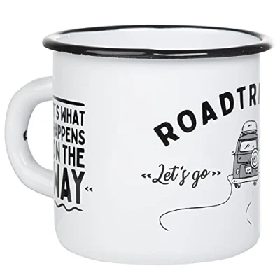 Obrázek MUGSY I smaltovaný šálek Roadtripping Let&#039;s Go s kempovacím hrnkem, hrnek na kempování nápisem, lehký a odolný proti rozbití 330 ml (bílý)