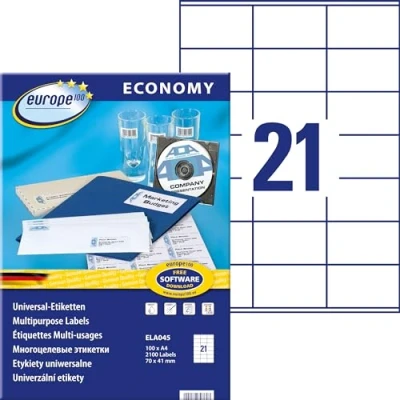 Obrázek europe100 ELA045 univerzální etikety A4 (2. 100 lepicích štítků, formát 70 x 41 mm na DIN A4, samolepicí etikety, potisknutelné nálepky, 3481) listů, bílé