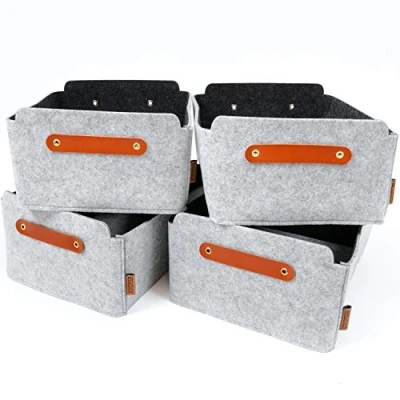 Obrázek Miqio® Designový úložný box z plsti s koženým úchytem kvalitní koš plstěný uchy pravé kůže regálový světle šedý 4dílná sada
