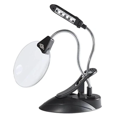 Obrázek Wedo 27175201 stolní lupa s LED lampou, plastová čočka Ø 10,2 cm, 2násobné / 4násobné zvětšení, 4x světlo, flexibilní krk, svorka, černá