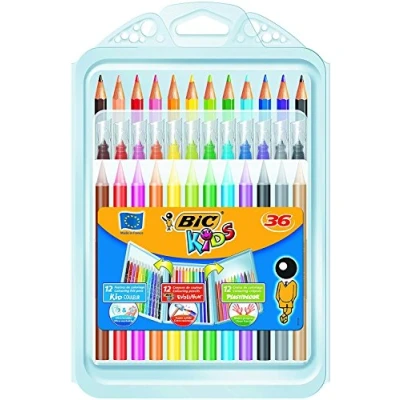 Obrázek BIC Kids Sada tužek: 12 pastelek, fixů od 5 let a kříd na malování 30 měsíců, ideální do školy, v odklápěcím pouzdru