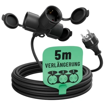Obrázek greate 3násobný prodlužovací kabel vnější 5 metrů vodotěsný IP44 pro venkovní použití 3násobná vícenásobná zásuvka prodloužení m 3500 W Outdoor Extension Cord