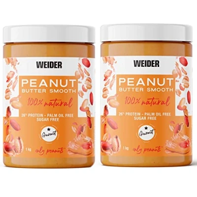 Obrázek Weider Duo Pack Peanut máslo Smooth. 100% arašídy. Přírodní přírodní. veganské. chutné. zdroj bílkovin. 26 % Bez palmového oleje. přidaného cukru. Krémová