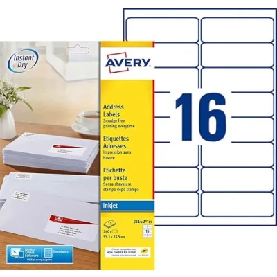 Obrázek AVERY Packung mit 240 selbstklebenden Adressaufklebern, personalisierbar und bedruckbar, Format 99,1 x 33,9 mm, Tintenstrahldruck, (J8162 15)