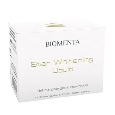 Obrázek BIOMENTA Star Whitening Liquid komplex účinných látek s L gluthací, aminokyselinami, rostlinnými extrakty atd. 12 ampulí připravených k pití Příchuť: hořký citron prémiová kvalita