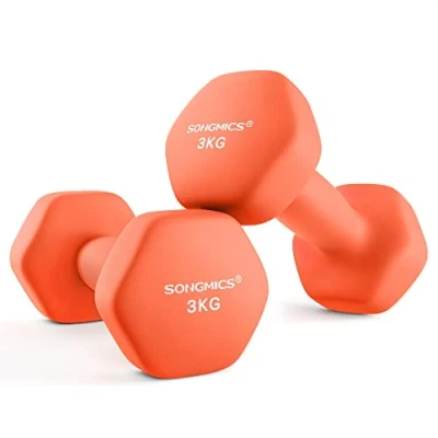 Obrázek SONGMICS Činky, 2dílná sada, 2 x 3 kg, sada činek, krátké činky, hexagon, neoprenová povrchová úprava, silový trénink, cvičení, fitness pro domácnost, papája orange SYL906O01