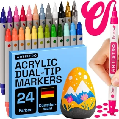 Obrázek Artistro 24 akrylových barevných popisovačů na látku, kameny, papír, dřevo, plátno, sklo, kutilství bezpečné pro děti, akrylové pastelky s dvojitým hrotem (dvojitá špička + štětec, 24)
