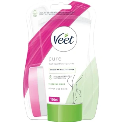 Obrázek Veet Pure sprchový krém na odstranění chloupků tělo, paže a nohy Depilační do sprchy, pro suchou pokožku 150 ml vč. houbičky