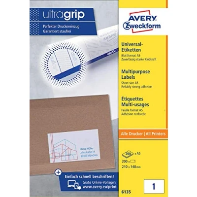 Obrázek Avery Zweckform 6135 Univerzální etikety (A5, Papír Matný, 200 etikety, 210 x 148 mm) Folio Bílá