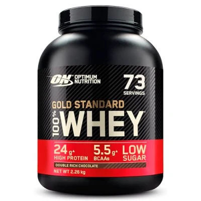Obrázek Optimální výživa ON Gold Standard Whey Protein Powder, proteinový prášek pro budování svalů, přirozeně obsažený BCAA a glutamin, Double Rich Chocolate, 73 porcí, 2,26 kg, balení se může lišit