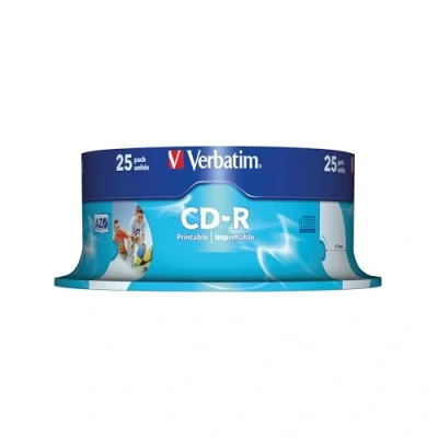 Obrázek Verbatim CD R AZO Wide Inkjet Printable 700 MB, balení po 25 kusech vřeteno, polotovary CD, 52násobná rychlost hoření s dlouhou životností, prázdná možností potisku, audio polotovar