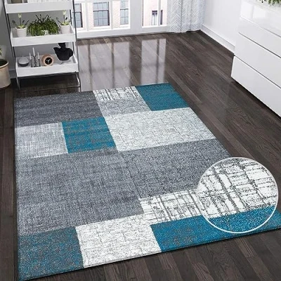 Obrázek VIMODA Designérský moderní koberec do obývacího pokoje v tyrkysové, šedé a bílé se vzhledem kachličky krátký vlas, rozměry: 120 x 170 cm