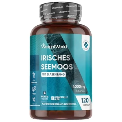 Obrázek Irský Seemoos 4000 mg 120 kapslí s řasami močového měchýře zásoba 4 měsíce z mořských řas Irish Sea Moss 1 kapsle denně Superfood doplněk stravy bez stearátu hořečnatého WeightWorld