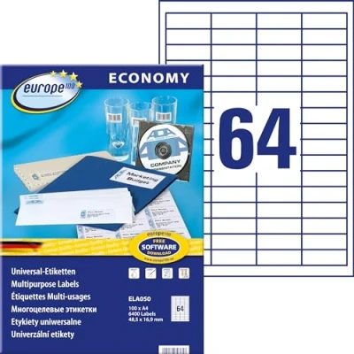 Obrázek europe100 ELA050 univerzální etikety (6 400 lepicích štítků, formát 48,5 x 16,9 mm na DIN A4, samolepicí etikety, potisknutelné nálepky) 100 listů, bílé