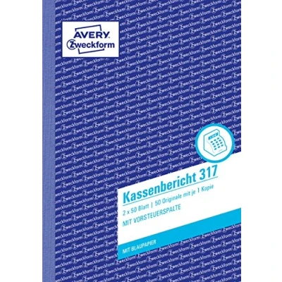 Obrázek AVERY Zweckform Zpráva o pokladně 317 (A5, 2 x 50 listů, 1 list modrého papíru, retrográdní zjištění denních příjmů, testováno právními experty, pro DE/AT, řádné účetnictví) bílá/žlutá