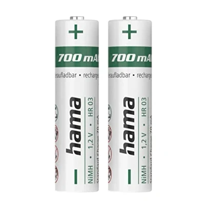 Obrázek Hama baterie AAA nabíjecí, 2 kusy (s vysokou kapacitou, 700 mAh, 1,2 V, nízké samovybíjení, Micro, NiMH akumulátory, pro bezdrátové telefony, dálkové ovládání atd.)