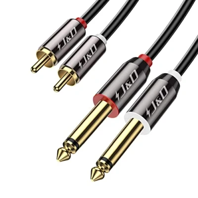 Obrázek J&amp;D Cinch auf 6,3mm Klinke Kabel 0,9m, Gold Plated Kupfer Shell Heavy Duty 2 Männlich x (1/4 Zoll) TS Mono Audio Adapter