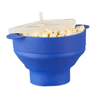 Obrázek Relaxdays Silikonový popcorn Maker pro mikrovlnnou troubu, skládací Popper, příprava bez oleje, BPA, modrá, 25,5 x 14,5 cm