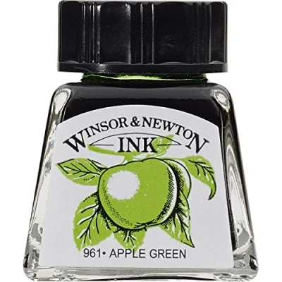 Obrázek Winsor &amp; Newton 1005011 Drawing Inks kreslicí tuš pro kaligrafie, ilustrátory, grafiky, umělce voděodolné barvy, vynikající průhlednost, láhev 14 ml jablkově zelená