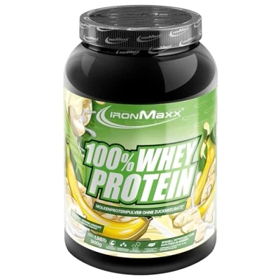 Obrázek IronMaxx 100% Whey Protein prášek banánový jogurt 900 g dóza redukovaný cukr, ve vodě rozpustný proteinový ze syrovátkového proteinu mnoho různých příchutí