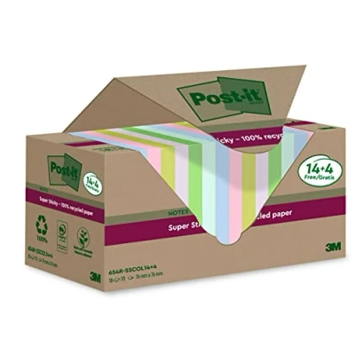 Obrázek Post it Super Sticky 100 % Recycling Notes, 14+4 GRATIS Blöcke/Packung, 70 Blätter pro Block, 76 mm x mm, Pink, Grün, Blau, Violett, Gelb Extra starke Haftnotizen aus Recyclingpapier