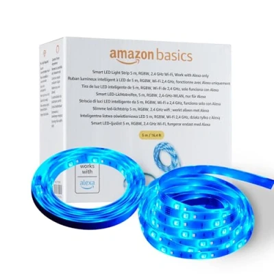 Obrázek Amazon Basics Chytrý LED světelný pásek, 5 m, RGBW, 2,4 GHz WLAN, vhodný pouze pro Alexu, vícebarevný
