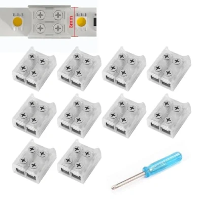 Obrázek YUTOKEER 10 kusů LED páskových spojek, 2pólová 8 mm bez pájení pro 5050 3528 jednobarevné SMD a COB pásky, rychlé snadné spojení, včetně šroubováku, průhledný design