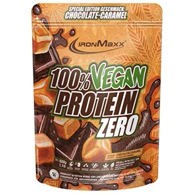 Obrázek IronMaxx 100% veganský protein Zero karamel čokoládový 500 g proteinový prášek bez cukru ze 4 složek aspartamu