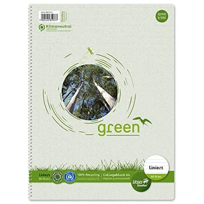 Obrázek Staufen Green Collegeblock DIN A4, 9 mm linkovaný, 80 listů, 4násobné děrování, prémiový bílý recyklovaný papír 60 g/m², 1 kus