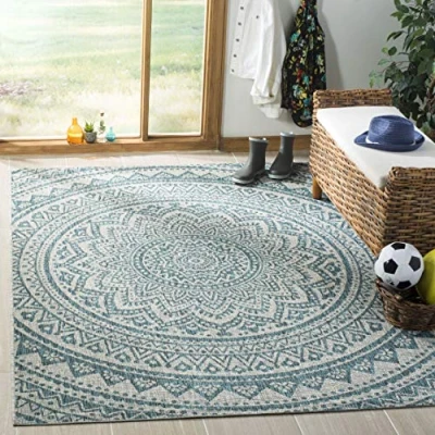 Obrázek SAFAVIEH Zeitgenössische Teppich für Wohnzimmer, Esszimmer, Schlafzimmer Courtyard Collection, Kurzer Flor, Hellgrau und Blaugrün, 79 X 152 cm