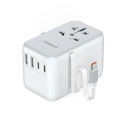 Obrázek TESSAN cestovní adaptér po celém světě se zatahovací USB C kabel PD 35 W, univerzální zásuvkový 4 a 1 AC zásuvkou, mezinárodní zástrčka, Spojené království, Japonsko,