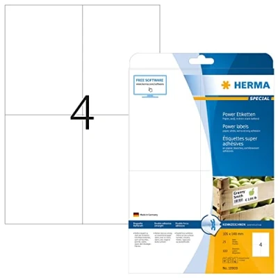 Obrázek HERMA 10909 Power etikety, 25 listů, 105 x 148 mm, 4 pro arch A4, 100 kusů, samolepicí, s možností potisku, extrémně silně přilnavé, prázdné papírové lepicí etikety nálepky, bílé