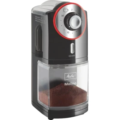 Obrázek Melitta Molino mlýnek na kávu elektrický až pro 200 g kávových zrn s 17 individuálními stupni mletí, 214 šálků kávy, černá/červená