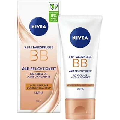 Obrázek NIVEA 5 IN 1 denní péče BB 24h vlhkost LSF 15, tónovaný krém pro střední až tmavé typy pleti, pleťový s jojobovým olejem bio a pigmenty na make up